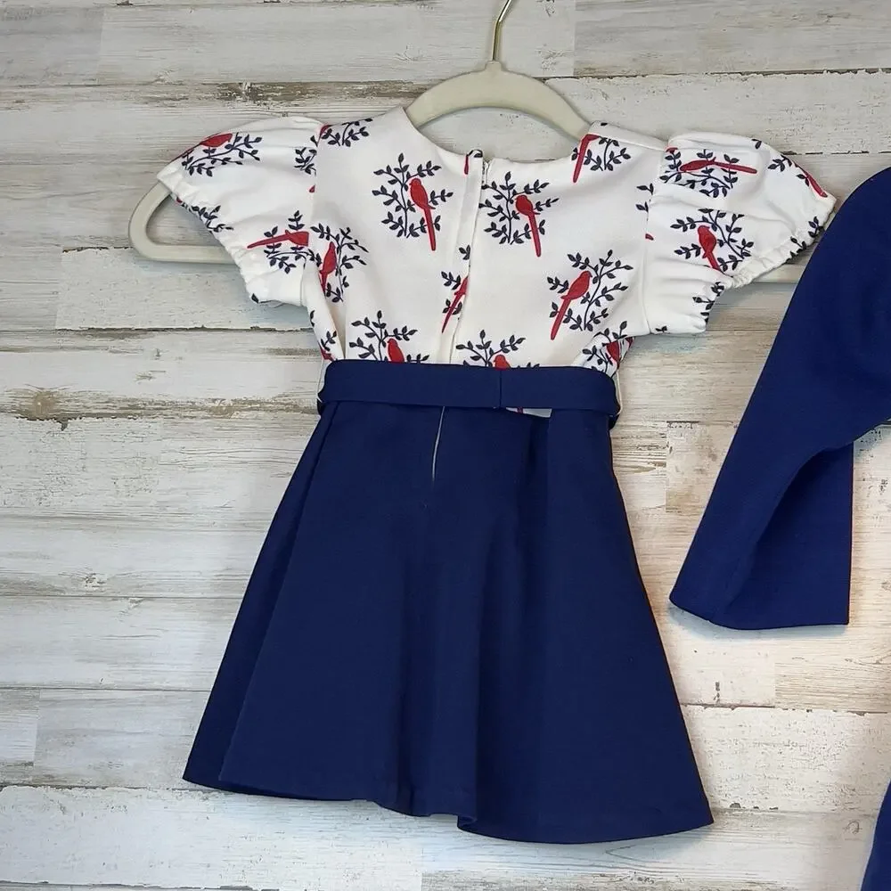Vintage Handmade Girls Navy Coat & Bird‑Print Dress Set